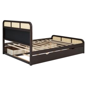Queen Size Wooden Platform Bed With Trundle And 2 Drawers