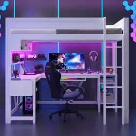 Wood Full Size Gaming Loft Bed with Desk, Storage Shelves, LED and Charging Station