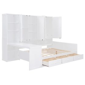 Full Size Wooden Daybed With Three Drawers, and All-in-One Cabinet, Desk and Shelves