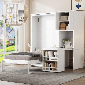 Twin Size Rotating Wall Murphy Beds with Bookshelf, Top Cabinet, Extendable Desk & Side Storage