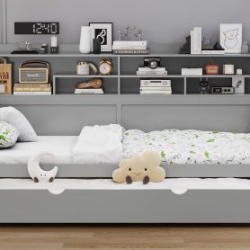 Wooden Twin Size Daybed With Storage Shelves, Twin Size Trundle Bed and  Study Desk