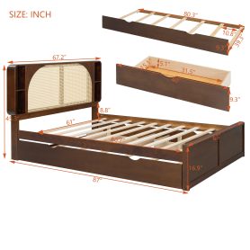 Queen Size Rattan Headboard Bed with Two Drawers and Trundle