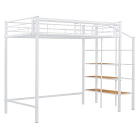Twin Size Metal Loft Bed with Upper Grid Storage Shelf and Lateral Storage Ladder