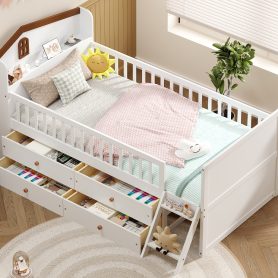 Twin Bed Frame With Storage 4 Drawers, Guardrail Headboard And Ladder