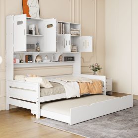 Twin Size Wooden Daybed With Twin Size Trundle, and All-in-One Cabinet and Shelf