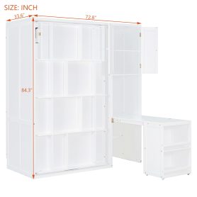 Twin Size Rotating Wall Murphy Beds with Bookshelf, Top Cabinet, Extendable Desk & Side Storage