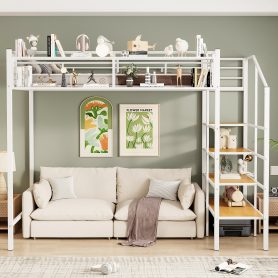 Twin Size Metal Loft Bed with Upper Grid Storage Shelf and Lateral Storage Ladder