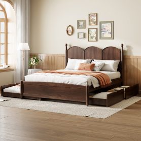 Queen Size Platform Bed With with 2 Big Drawers, Twin XL Size Trundle