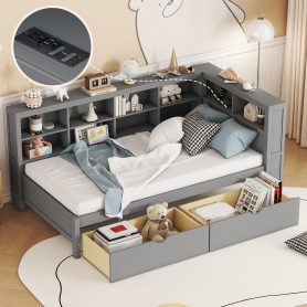 Wooden Twin Size Daybed With 2 Drawers, Storage Shelf And USB Charging Port