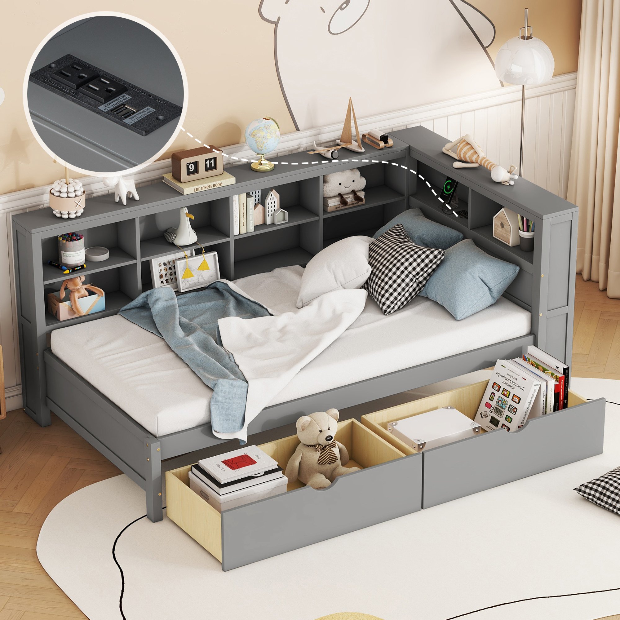 Wooden Twin Size Daybed With 2 Drawers, Storage Shelf And USB Charging Port 3 Wooden Twin Size Daybed With 2 Drawers, Storage Shelf And USB Charging Port