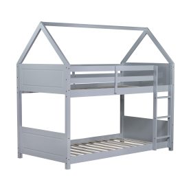 Twin Over Twin House Floor Bunk Bed with Headboards, Footboards and Guardrails, Ladder