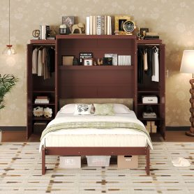 Wooden Full Wall Bed With 2 Wardrobe And Storage Shelf