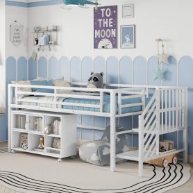 Twin Metal Low Loft Bed With Storage Cubby and Stairs