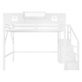 Metal Queen Loft Bed With High And House Shaped Guardrails