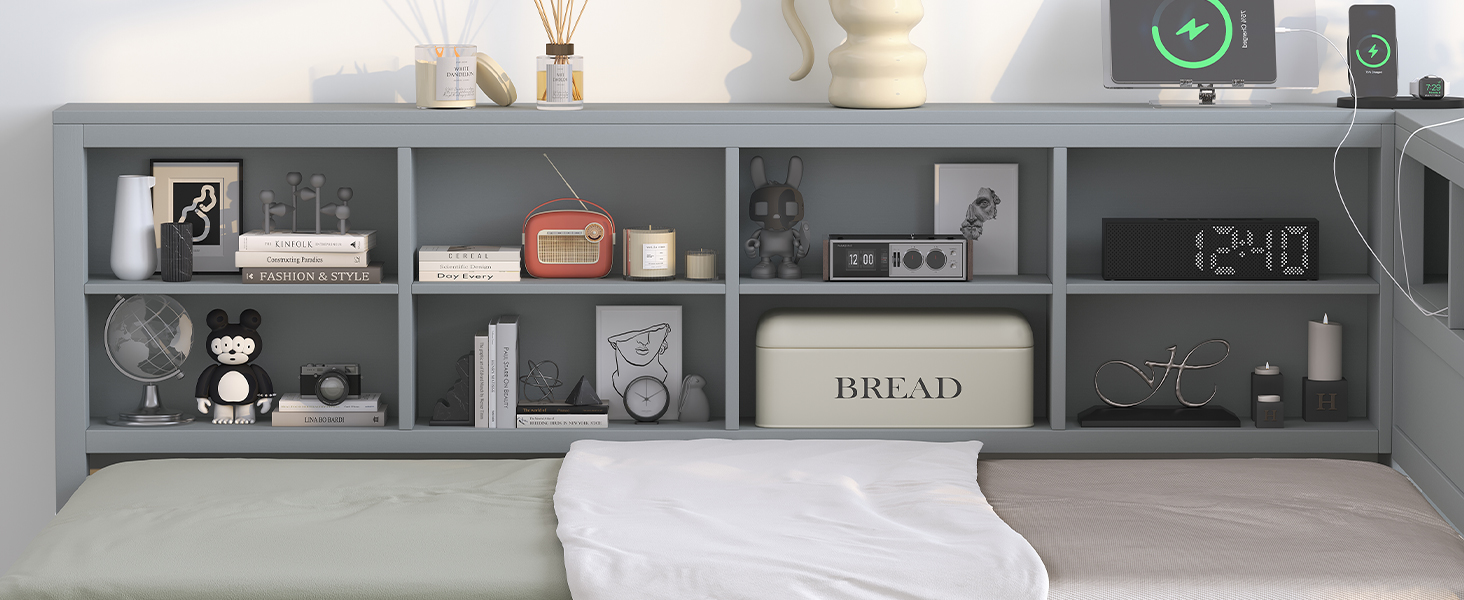 Wooden Full Size Daybed With Twin Size Trundle, Storage Shelf And USB Charging Ports