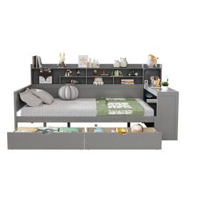 Wooden Full Size Daybed With Storage Shelves, Two Storage Drawers and Study Desk