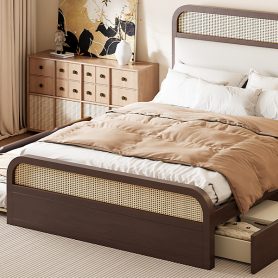 Queen Size Wooden Platform Bed With Trundle And 2 Drawers
