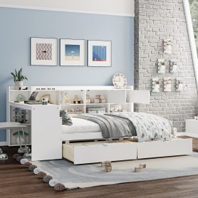 Full Size Wooden L-Shape Daybed with Seven Storage Cabinets and Two Storage Drawers