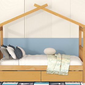 Twin Size Wooden House Bed with Drawers