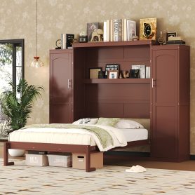 Wooden Full Wall Bed With 2 Wardrobe And Storage Shelf