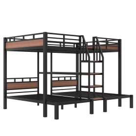 Metal Queen Over Twin Over Twin Bunk Bed With Storage Shelves And Storage Stairs