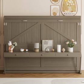 Queen Size Murphy Bed with Storage, Foldable Cabinet Bed with Vanity Desk, Center Mirror & 2 Side Drawers