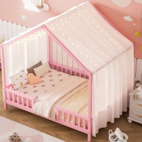 Full Size Montessori Floor Bed With Canopy and High Railings