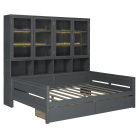 Full Size Wooden Daybed with Glass-Door Storage Cabinets, Built-in LED Lighting and Shelves