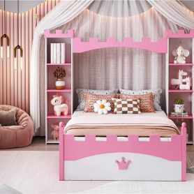 Castle-Shaped Twin Wooden Bed with Storage Shelf