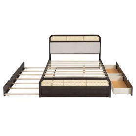 Queen Size Wooden Platform Bed With Trundle And 2 Drawers