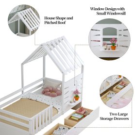 Twin Size House Bed With 2 Storage Drawers and Guardrails