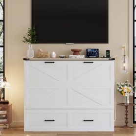 Full Size Farmhouse Murphy Cabinet Bed With Charging Station and Large Storage Drawer