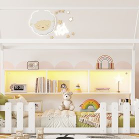 Wood Twin Size House Bed With LED Light, Storage Bookshelf, and Guardrails