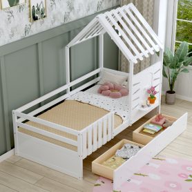 Twin Size House Bed With 2 Storage Drawers and Guardrails