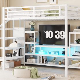 Full Size Metal Loft Bed With Tv Cabinet, Staircase And Wardrobe