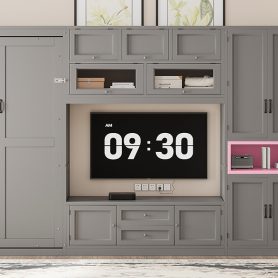 Twin Size Wooden Murphy Bed with TV Stand, 2 Drawers, Shelves, and Cabinets