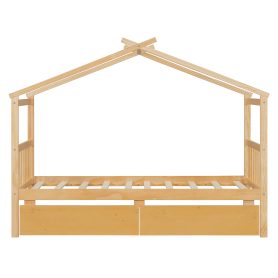 Twin Size Wooden House Bed with Drawers