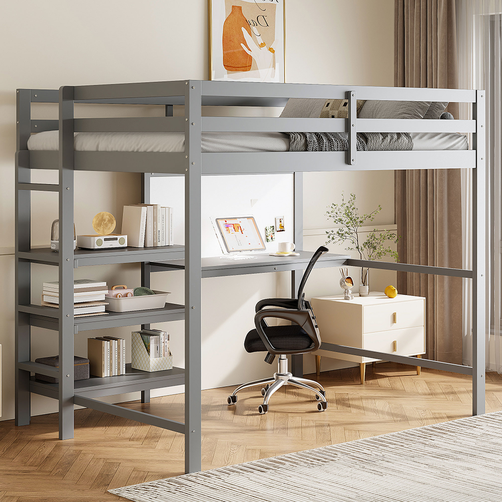 Twin Size Wooden Loft Bed with Shelves, Desk and Writing Board
