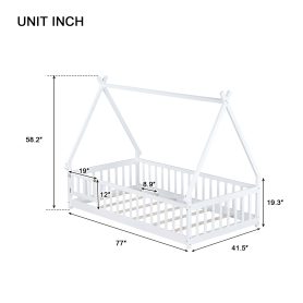 Twin Tent-shaped Floor Bed, Teepee Bed with Guardrails, Slats and Door