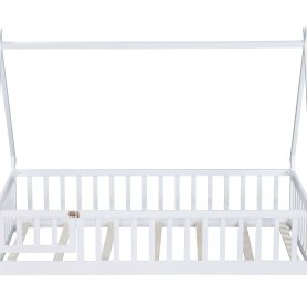 Twin Tent-shaped Floor Bed, Teepee Bed with Guardrails, Slats and Door