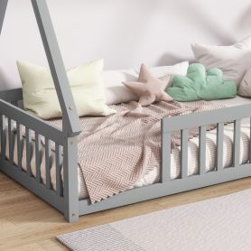 Twin Tent-shaped Teepee Bed with Guardrails, Slats