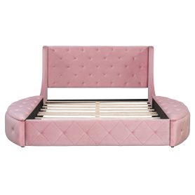 Upholstered Platform Bed Queen Size Storage Velvet Bed with Wingback Headboard and 1 Big Drawer,2 Side Storage Stool