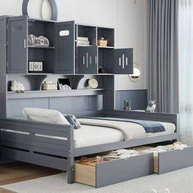 Full Size Wooden Daybed With 2 Drawers, and All-in-One Cabinet and Shelf