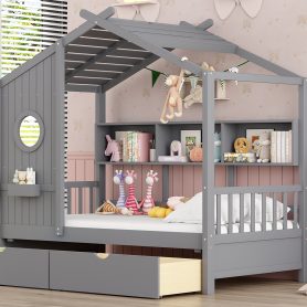 Wooden Twin Size House Bed With 2 Drawers and Storage Shelf