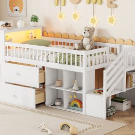 Wood Low Twin Size Loft Bed With LED, Bookshelf, Stairs, Storage Drawers And Shelves