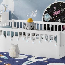 Full Montessori Floor Bed Frame With High Rails, Light And Storage Shelf