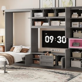 Twin Size Wooden Murphy Bed with TV Stand, 2 Drawers, Shelves, and Cabinets