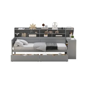 Wooden Twin Size Daybed With Storage Shelves, Two Storage Drawers  and  Study Desk