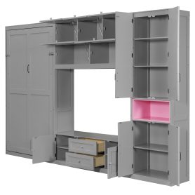 Twin Size Wooden Murphy Bed with TV Stand, 2 Drawers, Shelves, and Cabinets