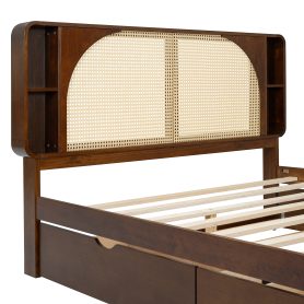 Queen Size Rattan Headboard Bed with Two Drawers and Trundle